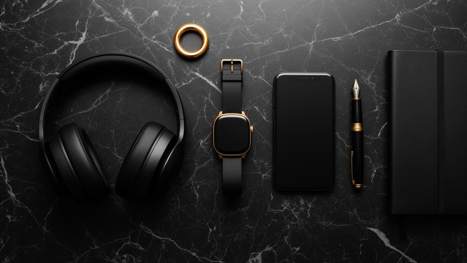 Composição editorial: fones, smartwatch, smartphone, caneta e caderno