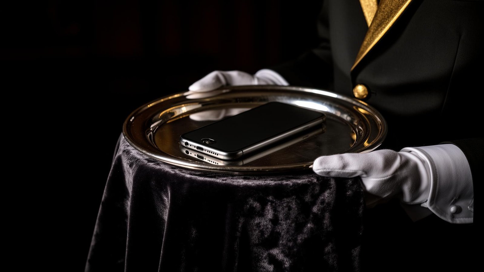 Mordomo servindo smartphone em bandeja de prata